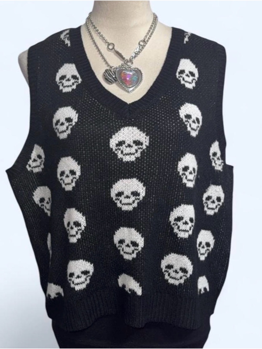 No Boundaries Black Knit V-Neck Sweater Vest with White Skull Pattern